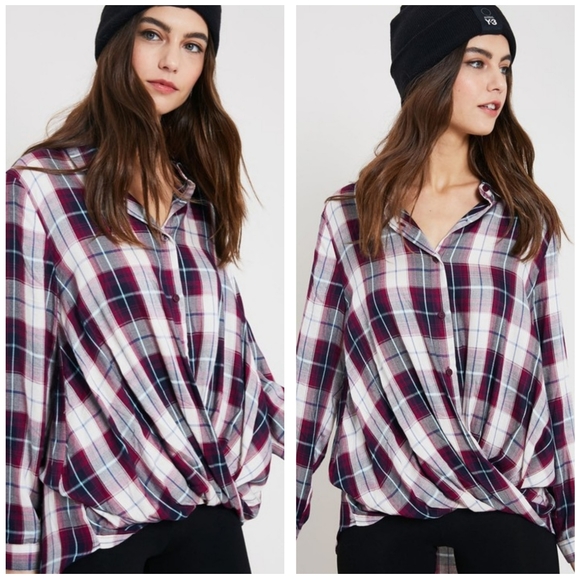 Front Twist Purple Plaid Button Down Hi-Lo Blouse - Picture 3 of 5